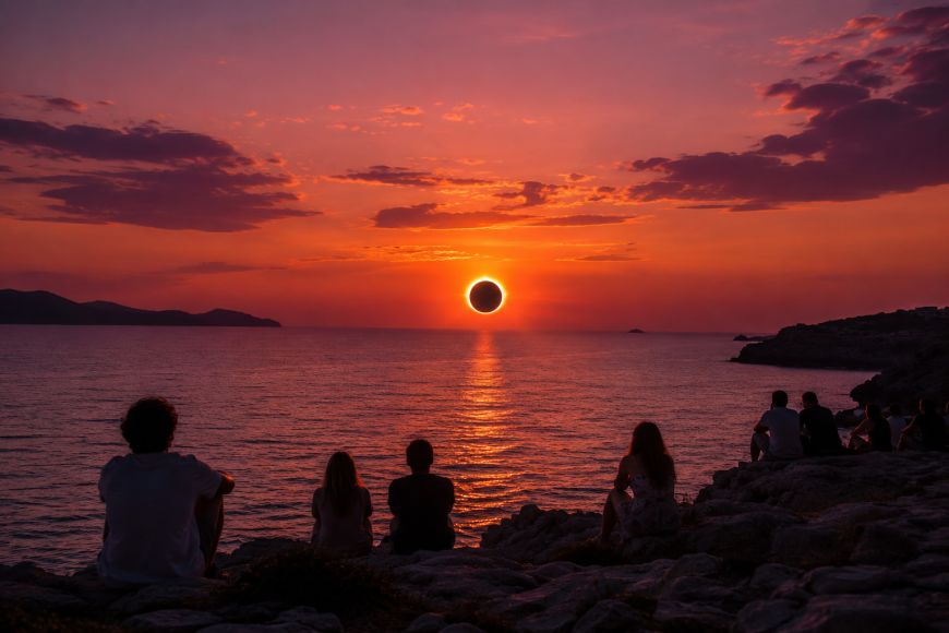 Atardecer con eclipse solar en la costa de San Antonio, Ibiza