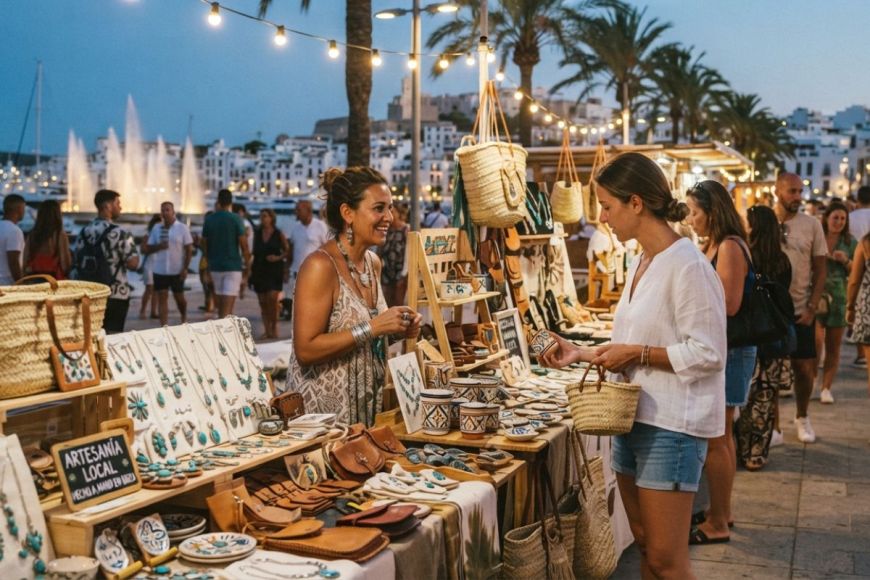 Mujer atienda un puesto en un mercadillo celebrado en San Antonio Ibiza, mientras una chica se acerca a preguntar por un producto